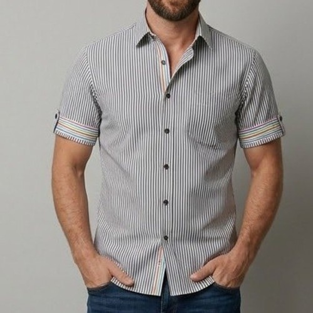 Jermyn & Bond Button Up Shirt‎ Mens Large White Multi Stripe Modern Fit Cotton